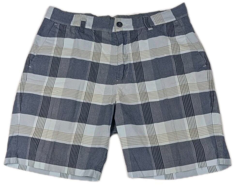 Nautica Mens Multicolor Flat Front Medium Wash Plaid Chino Short Size 32